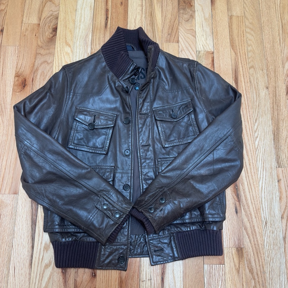 Vintage GAP Brown Leather Bomber Jacket with Ribbed Trim